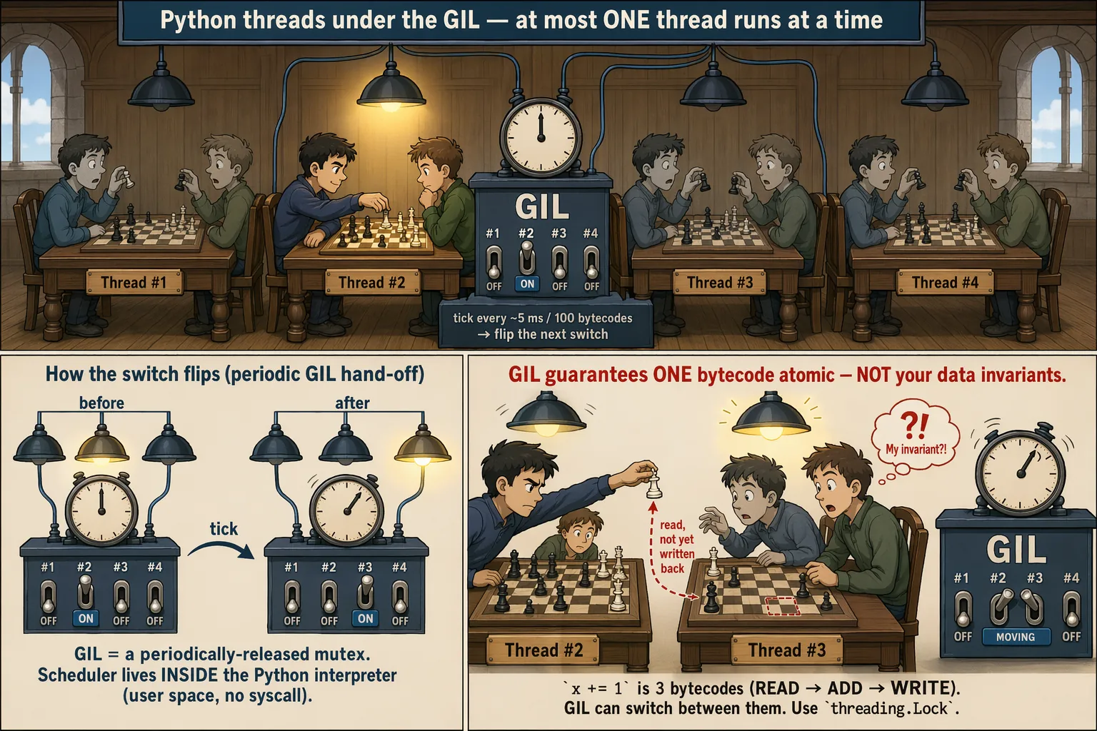 线程:同一馆多桌共用中央 GIL 控制台,同一时刻只点亮一盏头顶灯,只有一桌在下